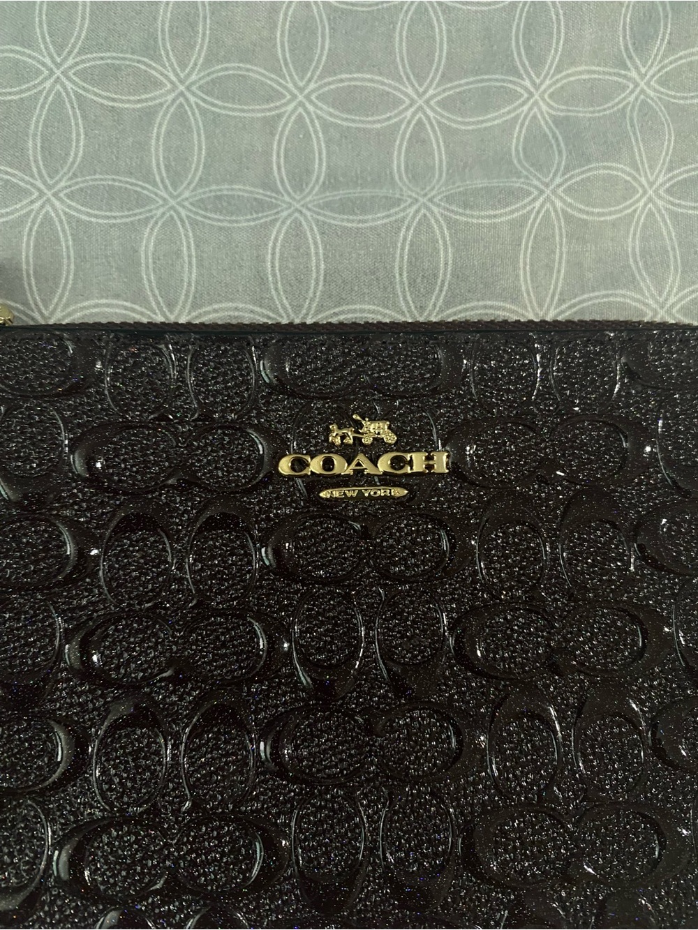 Coach Black Patent Signature Embossed Wristlet with Gold Logo